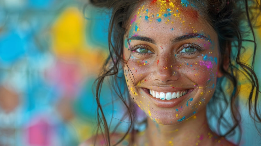 Artco Hero Girl - smiling, pretty with paint on her face in front of blurred colour background