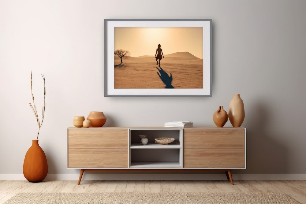 modern photo in frame hung above mid century modern furniture and ceramics