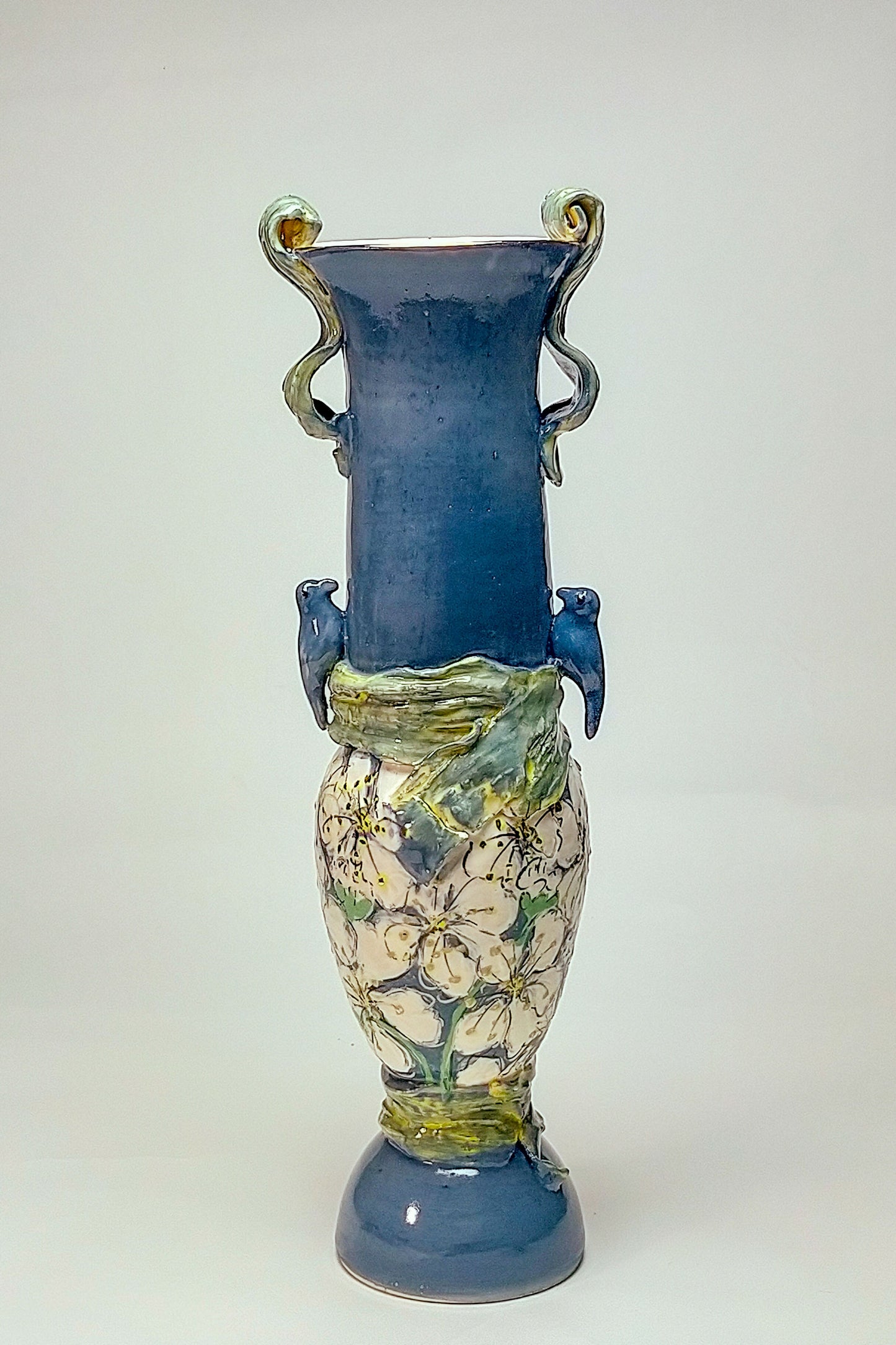 Tall Urn with Plum Blossom and Finches