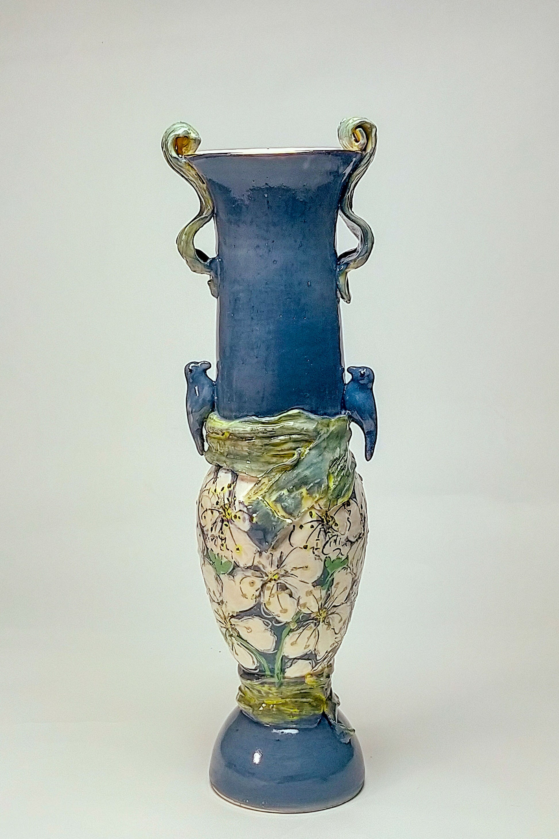 Tall Urn with Plum Blossom and Finches